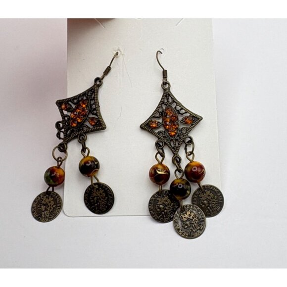 Vintage French Coin Chandelier Earrings Dangle with Orange Rhinestones Retro - Picture 5 of 6